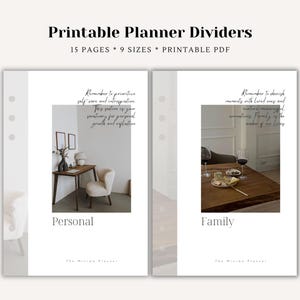 May include: Two printable planner dividers featuring white backgrounds and three-hole punch margins. The left divider is labelled Personal with a photo of a desk and chair. The right divider is labelled Family with a photo of a dining table.