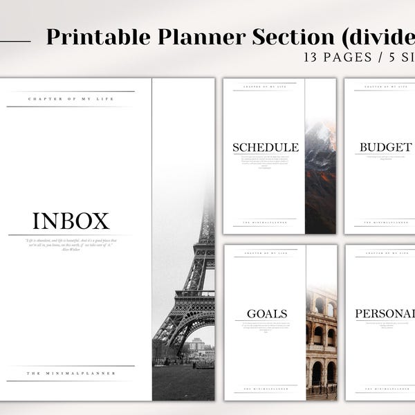 PRINTABLE Planner dividers, Printable Planner Section in A5, A4, Letter, Half Letter, Personal size, Digital File, Cover Pages, Inserts
