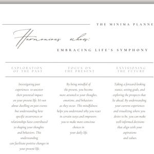 Pu&ograve; includere: Un foglio di lavoro stampabile con il titolo "Harmonious Echoes: Embracing Life's Symphony" e tre sezioni: "Exploration of the Past", "Focus on the Present" e "Envisioning the Future". Ogni sezione contiene una breve descrizione di come usare il passato, il presente e il futuro per vivere una vita pi&ugrave; appagante.