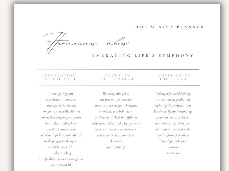Pu&ograve; includere: Un foglio di lavoro stampabile con il titolo "Harmonious Echoes: Embracing Life's Symphony" e tre sezioni: "Exploration of the Past", "Focus on the Present" e "Envisioning the Future". Ogni sezione contiene una breve descrizione di come usare il passato, il presente e il futuro per vivere una vita pi&ugrave; appagante.