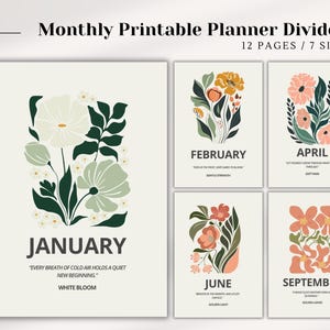 Könnte beinhalten: Monatliche, druckbare Planer-Trennwände mit floralen Designs für verschiedene Monate. Die Trennwände umfassen Januar, Februar, April, Juni und September, mit inspirierenden Zitaten und floralen Illustrationen.