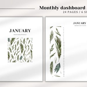 Op de afbeelding: Een printbare maandelijkse dashboardplanner met een groen en wit bloemenontwerp. De planner bevat een kalender voor januari met de tekst "JANUARY" en "FRESH BEGINNINGS". De tekst "IMPORTANT DATES" is ook inbegrepen. De planner maakt deel uit van een set van 24 pagina's in 6 formaten.