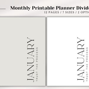 Könnte beinhalten: Zwei Planer-Trenner, einer hellgrau und einer weiß, mit dem Monat "Januar" in einer vertikalen, eleganten Schriftart. Der Text "Trust the Process" steht darunter. Der obere Text lautet "Monthly Printable Planner Dividers".