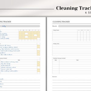 Registro de limpieza imprimible con secciones diarias, semanales y mensuales. Tamaño 6. Perfecto para organizar las tareas y los suministros del hogar.