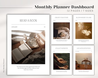 May include: A digital monthly planner dashboard with 12 pages and 7 sizes. The design includes images and text such as "Read a Book" and "Create Your Story". The planner has a minimalist aesthetic with a neutral color palette.