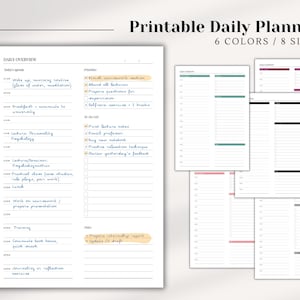 Planificador diario imprimible: 6 opciones de colores, 8 tamaños, agenda minimalista, lista de tareas y prioridades diarias, inserto de planificador diario (PDF)
