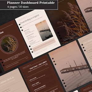Może przedstawiać: Zestaw stron do druku do planera z ciemnobrązową i beżową kolorystyką. Strony zawierają tekst, taki jak Planner Dashboard Printable, 6 pages / 10 sizes, From feeling to request, What I know / what I added oraz 5 minute check in.
