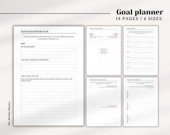 May include: A printable goal planner with 14 pages and 6 sizes. The planner includes sections for setting main goals for the year, breaking down goals into steps, and tracking progress.