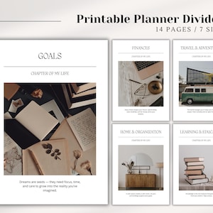 Puede incluir: Divisores de planificador imprimibles con secciones para metas, finanzas, viajes, hogar y aprendizaje. Cada divisor tiene una imagen y texto. El texto dice "14 páginas / 7 tamaños". Los divisores son blancos.