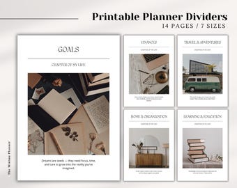 May include: Printable planner dividers with the text "Goals", "Finances", "Travel & Adventures", "Home & Organization", and "Learning & Education". The dividers are white with images and text. The text reads "14 pages / 7 sizes".