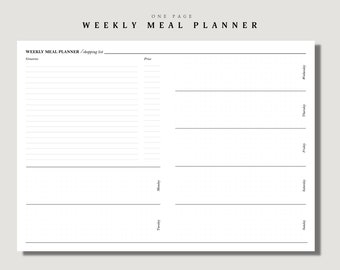 Meal Plan with Grocery List | A4 | Letter | Printable Planner Inserts | Weekly Menu List Template | Food Journal Page | Diet Tracker