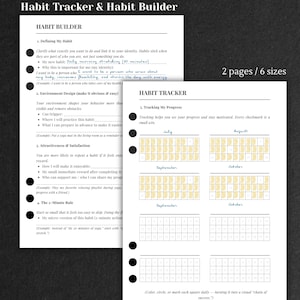 May include: Two-page habit tracker and habit builder. The left page details habit-building steps, while the right page features a calendar for tracking progress. The text includes instructions and prompts for defining habits and monitoring progress. The pages are white with black text.