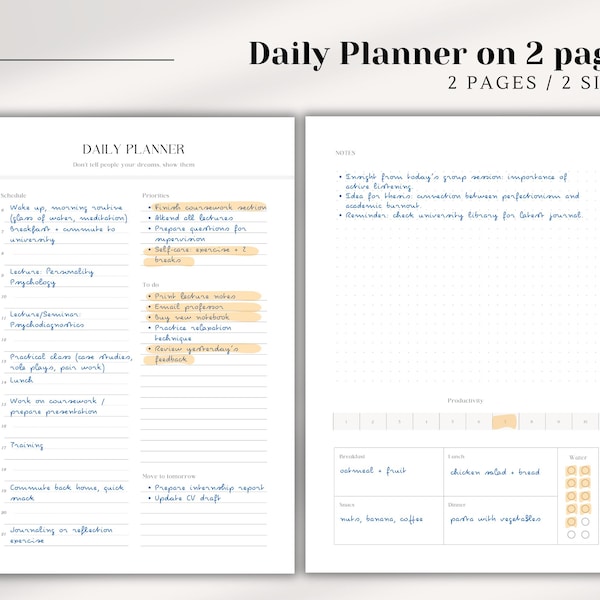Planejador diário para impressão – Layout de 2 páginas, Planejador diário para impressão, Planejador diário de 2 páginas, Agenda diária para impressão, Planejador minimalista, Cronograma