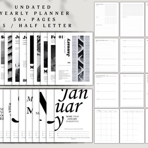 Könnte beinhalten: Ein schwarz-weißer Planer mit dem Text "UNDATED YEARLY PLANNER 50+ PAGES A5 / HALF LETTER" oben. Der Planer enthält Seiten für jeden Monat des Jahres, mit einer monatlichen Übersicht und täglichen Seiten. Der Planer enthält auch Seiten für Notizen, Ziele und Reflexionen.