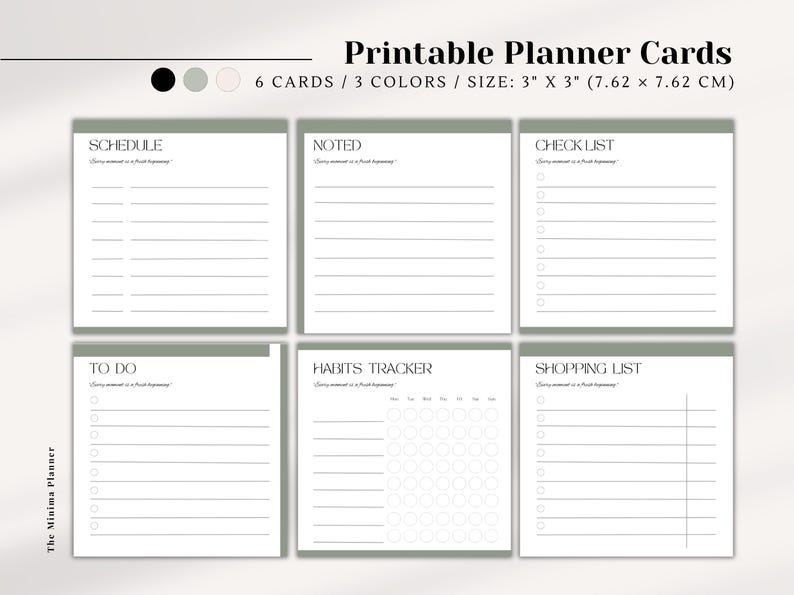 Printable Planner Cards | 3 Color Options | Planner Cards | Journal ...