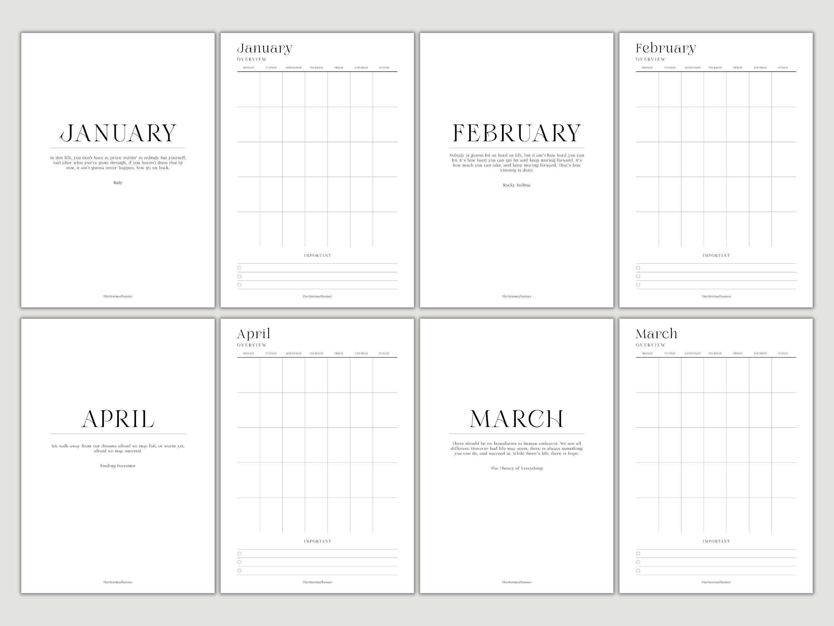Undated Monthly Calendar, Printable Planner, Dashboard Planner, Inserts ...