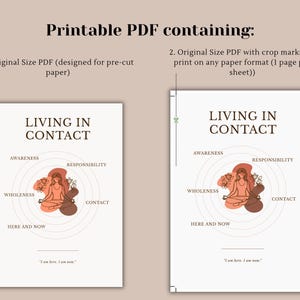 Op de afbeelding: Twee afdrukbare PDF-documenten met de tekst "Living in Contact" en een diagram van een mediterende persoon. Het diagram bevat de woorden "Awareness", "Responsibility", "Wholeness", "Contact" en "Here and Now". De tekst "Printable PDF containing:" staat bovenaan.