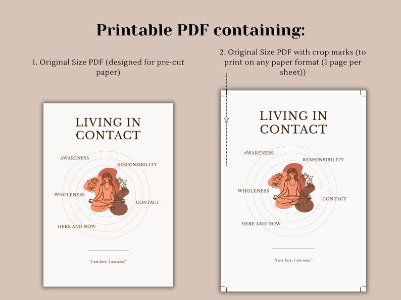 Op de afbeelding: Twee afdrukbare PDF-documenten met de tekst "Living in Contact" en een diagram van een mediterende persoon. Het diagram bevat de woorden "Awareness", "Responsibility", "Wholeness", "Contact" en "Here and Now". De tekst "Printable PDF containing:" staat bovenaan.