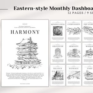 MONTHLY PRINTABLE Planner, Monthly Dashboard Set Inserts, 12 Monthly Planner Dashboards, Mindful Printable Divider, Eastern Planner