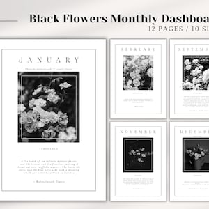 12 Printable Planner Dashboards, Black & White Flower Monthly Covers, Monthly Printable Planner, Minimalist Dashboards, Floral Dividers