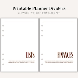 May include: Two white printable planner divider pages with six circular punch holes on the left side. The left page features the brown text LISTS and the right page features the brown text FINANCES, with additional small text below each header.