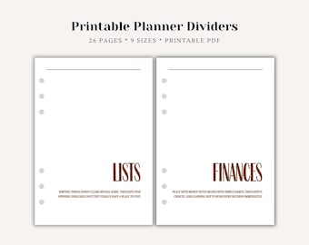 Minimalist Planner Section Dividers, Set of 26 Planner Dashboards, 9 Sizes Printable Inserts