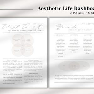 May include: A black and white printable aesthetic life dashboard with the title "Embracing the Essence of Me" and "Harmonious Whole" with text about authenticity, growth, and embracing life's symphony.