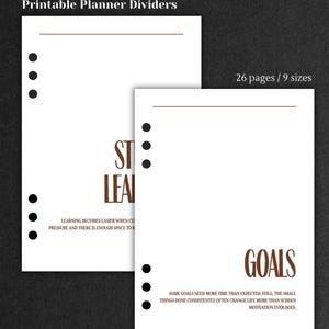 May include: Two white printable planner dividers with brown text and black dot accents. One divider reads "ST LEA" and the other reads "GOALS". The text "Printable Planner Dividers" is at the top. The image also includes the text "26 pages / 9 sizes".