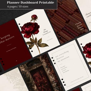 May include: A collection of printable planner dashboard pages featuring dark red and cream color schemes. Designs include a deep red peony illustration, a stack of vintage books, and a dark red door, with text overlays like keeping what matters.