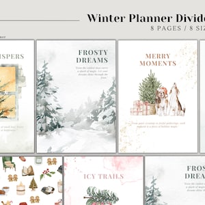 May include: Eight watercolor illustrations of winter scenes with text overlays. The illustrations include a window with a snowy landscape, a snowy forest path, a Christmas tree with presents, a snowman, a winter scene with a book and candles, a winter scene with a fireplace and boots, a winter scene with a snowy path, and a winter scene with a snowy forest.