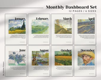 May include: A set of 12 printable monthly dashboard pages featuring famous paintings by Vincent van Gogh. Each page includes the month's name and a quote about the artist's work. The pages are designed in a minimalist style with a white background and black text.