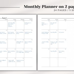 Printable Monthly Planner, Undated Month on 2 Pages, Printable Calendar, Month At a Glance, A5, Half Letter, Personal size, Instant Download