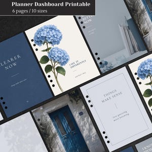 May include: A collection of printable planner dashboard pages featuring blue hydrangea illustrations, photographs of a blue door, and text including "Clearer Now," "I See It Differently," and "Things Make Sense." The pages have black binder holes.