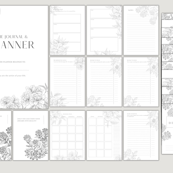 Planejador imprimível, planejador semanal, planejador mensal, conjunto de painéis mensais, planejador floral, A5, meia carta, tamanho pessoal/largo, tamanho de bolso
