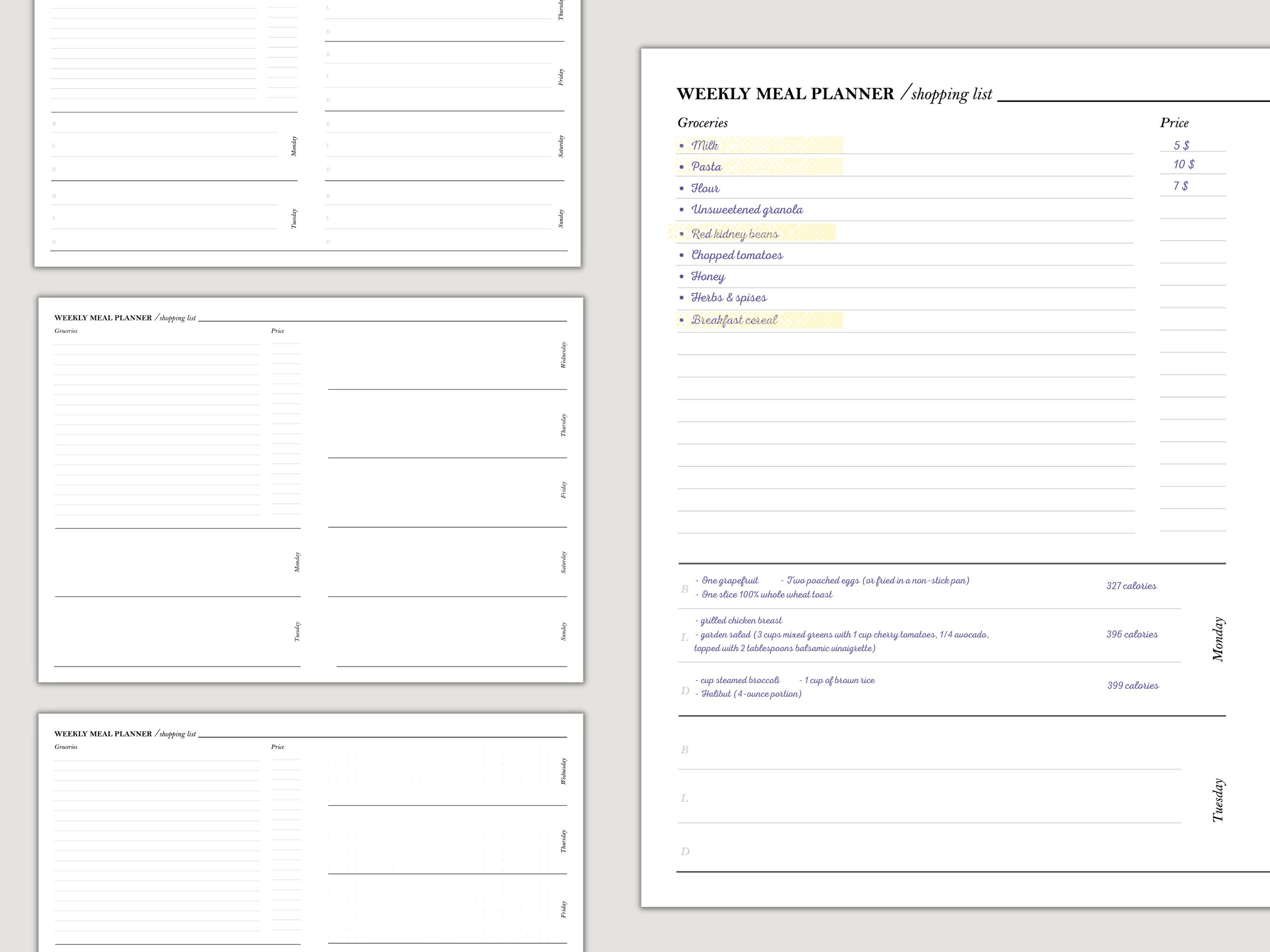 Meal Plan With Grocery List | A4 | Letter | Printable Planner Inserts ...