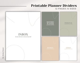 May include: A set of printable planner dividers in shades of white, green, and beige. The dividers are labelled with terms such as "INBOX", "MONTHLY PLANNER", and "GOALS". Each divider has a minimalist design with abstract line art.