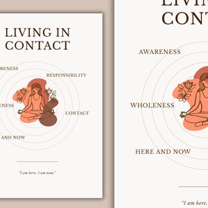Op de afbeelding: Een minimalistische poster met de tekst "LIVING IN CONTACT". Het ontwerp toont een vrouw in een yogahouding binnen concentrische cirkels, met woorden als "Bewustzijn" en "Verantwoordelijkheid". De quote "Ik ben hier. Ik ben nu." staat onderaan.