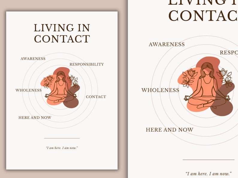 Op de afbeelding: Een minimalistische poster met de tekst "LIVING IN CONTACT". Het ontwerp toont een vrouw in een yogahouding binnen concentrische cirkels, met woorden als "Bewustzijn" en "Verantwoordelijkheid". De quote "Ik ben hier. Ik ben nu." staat onderaan.