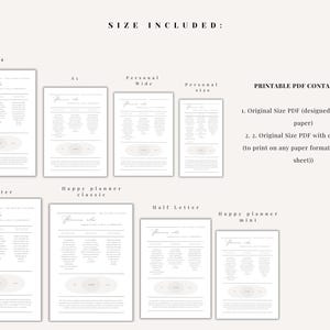 Pu&ograve; includere: Download PDF stampabile di un planner con diverse dimensioni incluse: A4, A5, Personal Wide, Dimensione personale, Lettera, Happy Planner Classic, Mezza Lettera e Happy Planner Mini. Il planner presenta un diagramma di Venn con il testo "Focus on the Journey" e "Appreciate Every Experience".