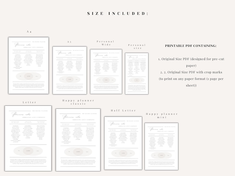 Pu&ograve; includere: Download PDF stampabile di un planner con diverse dimensioni incluse: A4, A5, Personal Wide, Dimensione personale, Lettera, Happy Planner Classic, Mezza Lettera e Happy Planner Mini. Il planner presenta un diagramma di Venn con il testo "Focus on the Journey" e "Appreciate Every Experience".
