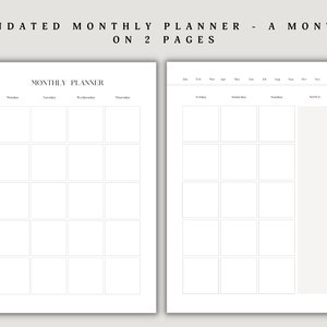 Planificador mensual imprimible, mes sin fecha en 2 páginas, calendario, resumen del mes, tamaño A5/media carta, descarga instantánea