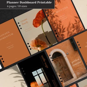 Puede incluir: Conjunto de páginas imprimibles de panel de control de planificador. Las páginas presentan textos e imágenes inspiradores, incluyendo una amapola, una vista de ventana y detalles arquitectónicos. La paleta de colores incluye tonos de naranja, beige y negro.