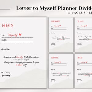May include: White planner dividers with the text "Letter to Myself" and "Goals", "Personal", "Travel", "Finance", and "Home". Each divider has space to write to "Myself" and the date. The dividers are designed to help with self-reflection.