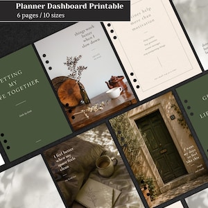 May include: A collection of printable planner dashboard pages with various designs and quotes. The pages feature a minimalist aesthetic with neutral colors, including green and beige, and include text such as "Planner Dashboard Printable" and "6 pages / 10 sizes."