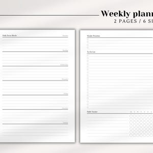 May include: A printable weekly planner with two pages. The left page has a daily focus block for each day of the week. The right page has sections for weekly priorities, a to-do list, and a habit tracker.