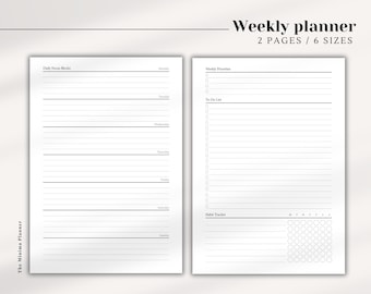 May include: A printable weekly planner with two pages. The left page has a daily focus block for each day of the week. The right page has sections for weekly priorities, a to-do list, and a habit tracker.
