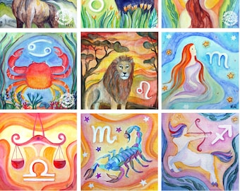 large postcard set zodiac sign / seasonal table / monthly tickets / hand painted