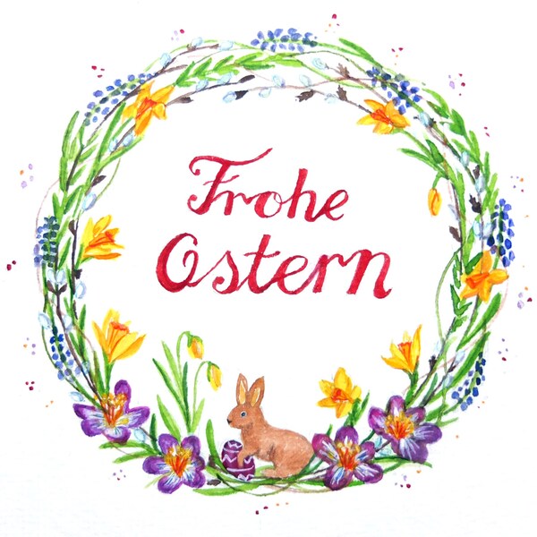 Osterkarte/ Frohe Ostern/ Ostergruß / Jahreszeitentisch/ handgemalt/ IllustrationAquarellPrintDruck