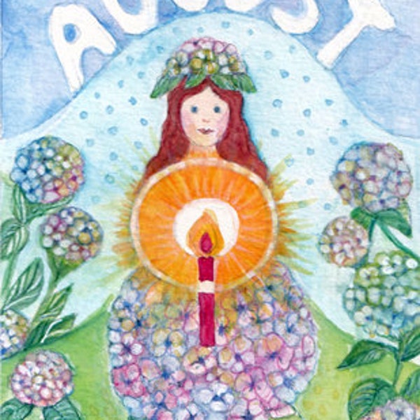 Aquarell Postkarte für Kinder *Hortensie*/ Jahreszeitentisch / Monatskarte August/ handgemalt waldorfinspiriert