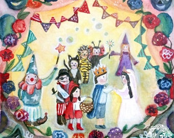 Karneval Fasching/ Karte für Kinder/ Jahreszeitentisch Winter/ handgemalt/ Aquarellprint